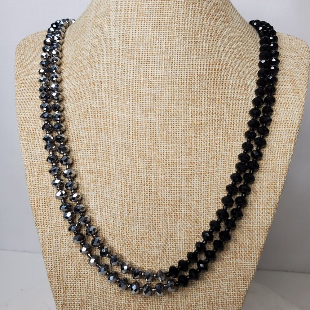 Vintage Necklace Silver Black Gray Glass Beads Pullover 60 Inch